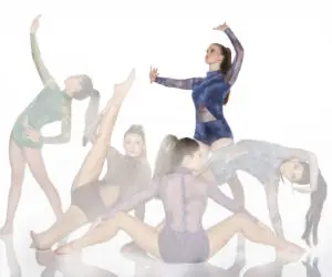 Five contemporary dancers posing gracefully against a white background