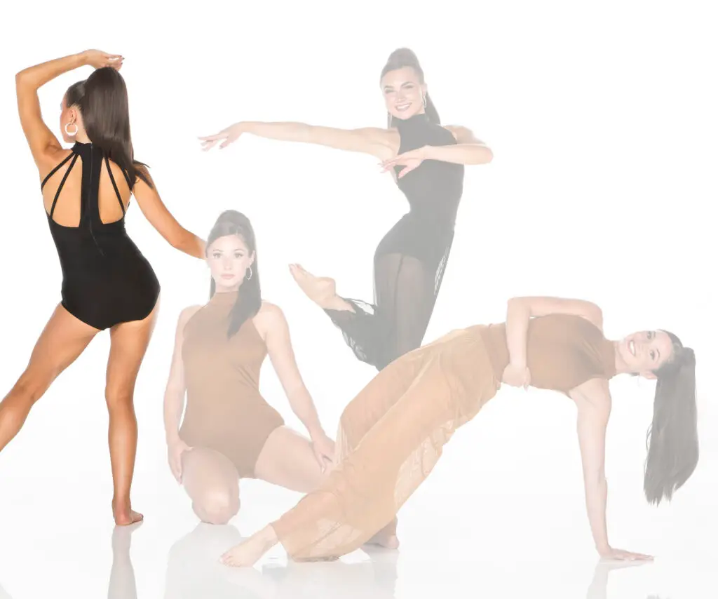Four women pose in stylish dancewear against white background.