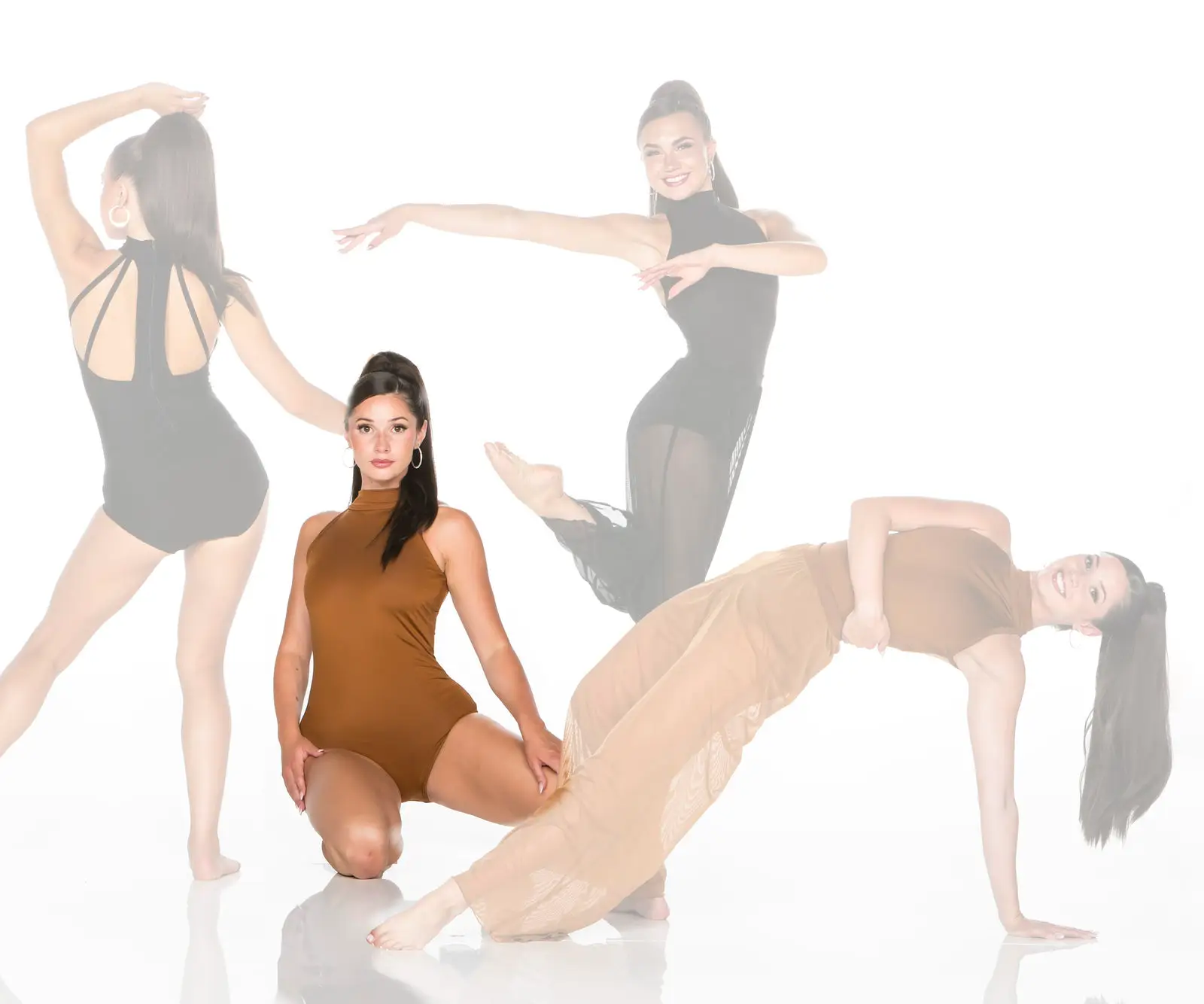 Four women modeling dancewear in dynamic poses on white background.