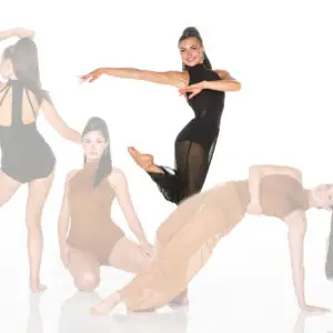 Four women in dance poses against a white background