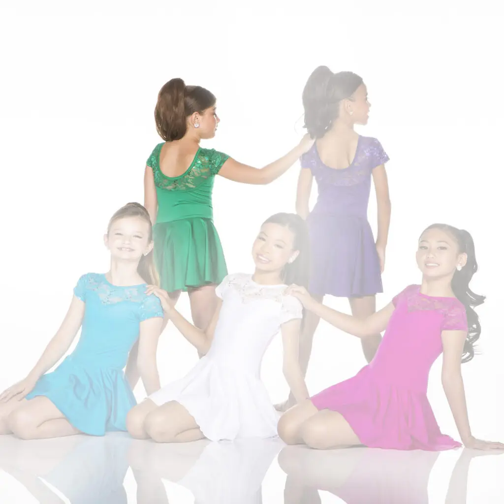 Five girls modeling colorful dresses against a white background