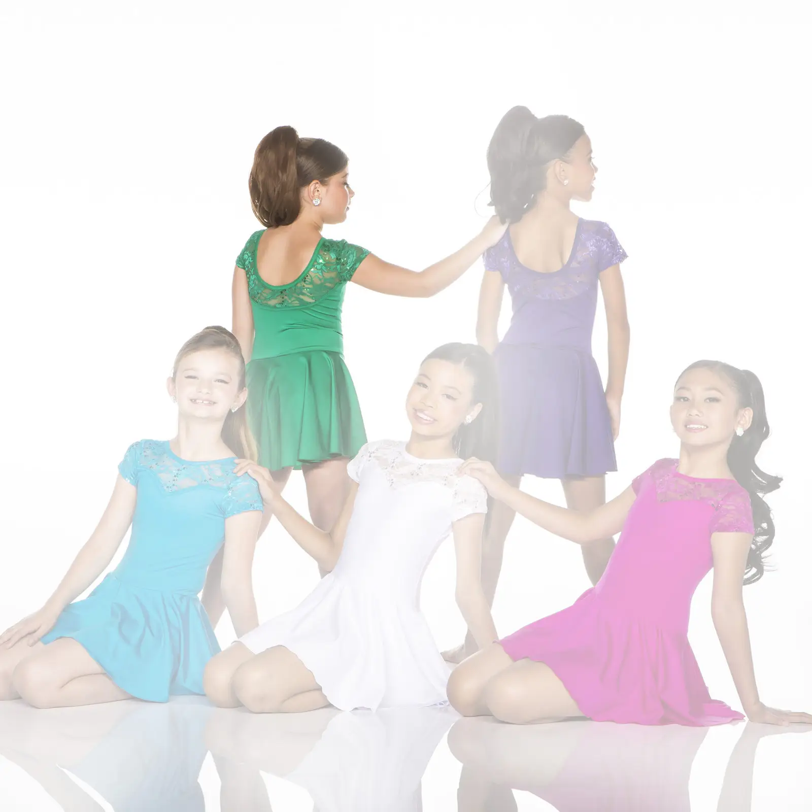 Five girls modeling colorful dresses against a white background