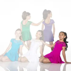 Five young dancers wearing colorful dresses against white background