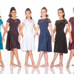 Six girls modeling lace-neck dresses in assorted colors