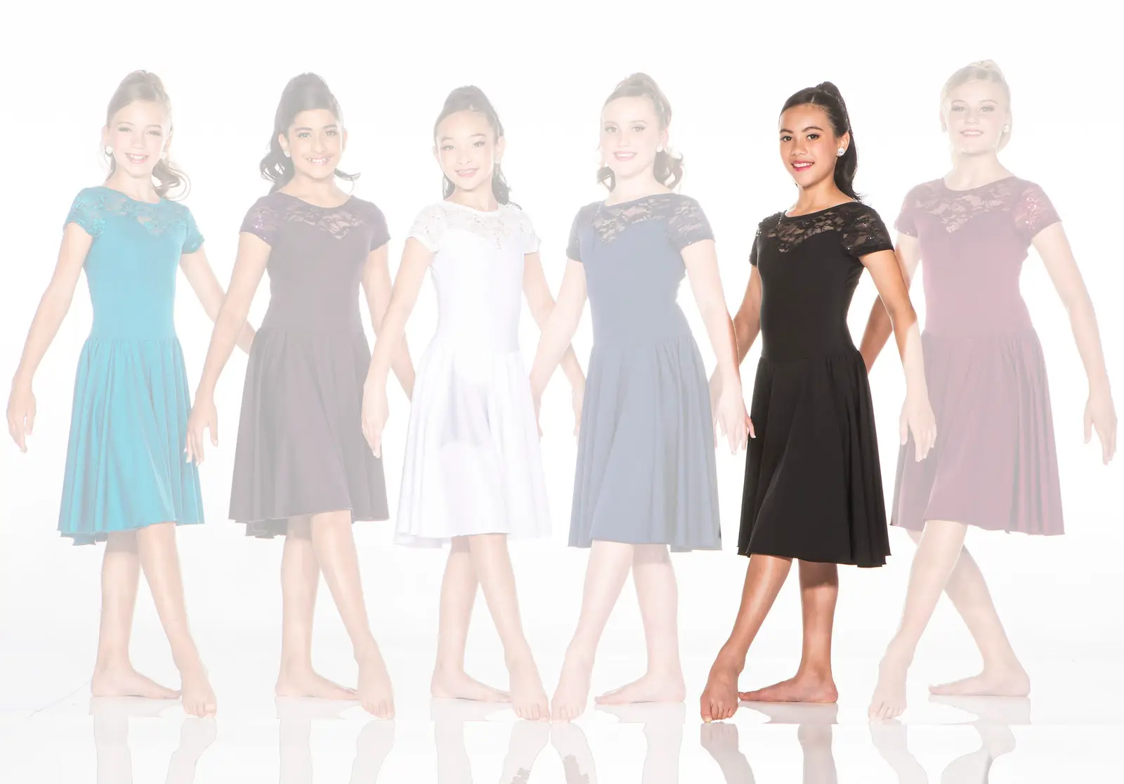 Six young women modeling lace dresses in various colors