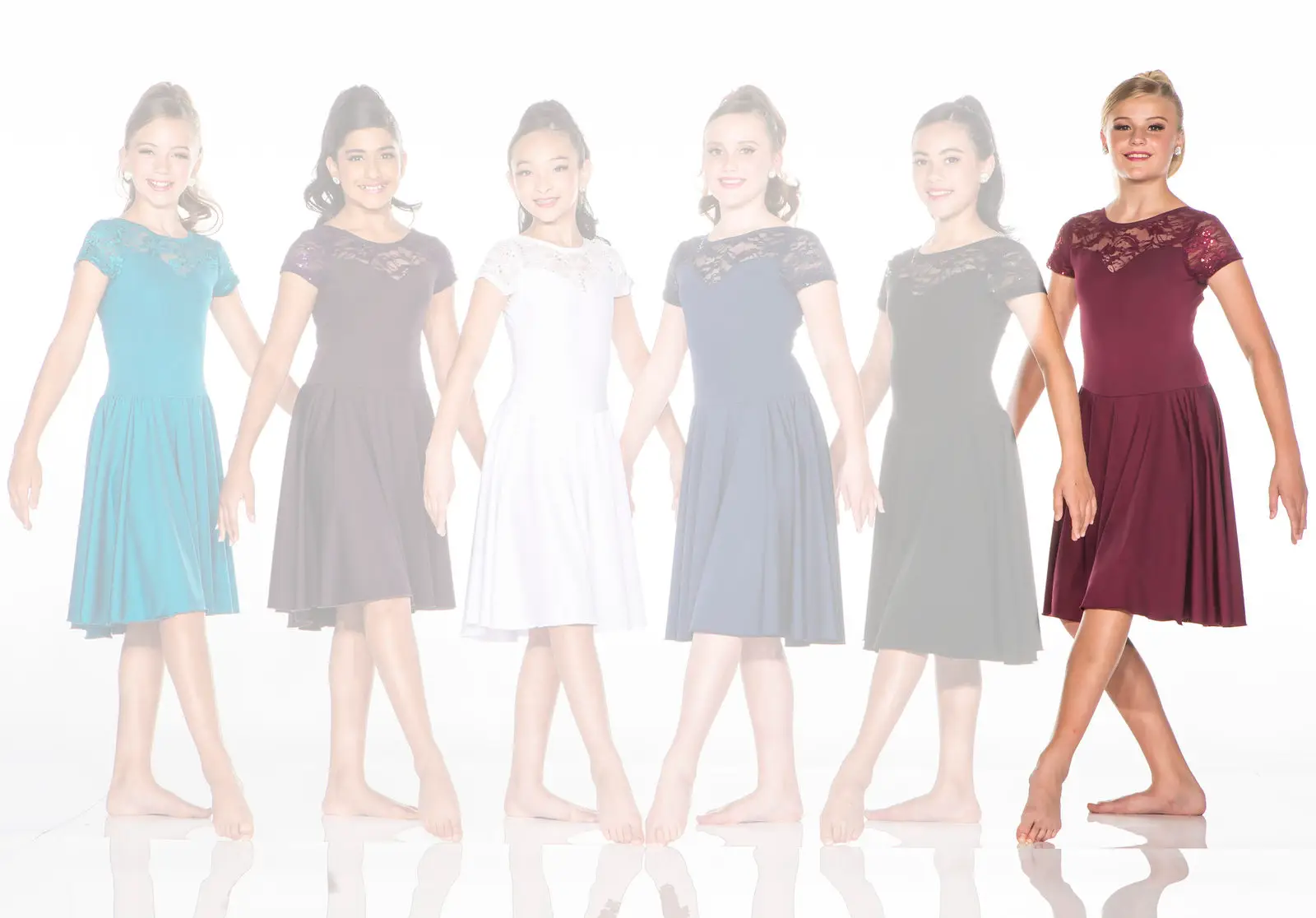Six girls wearing colorful lace dresses stand in a row.
