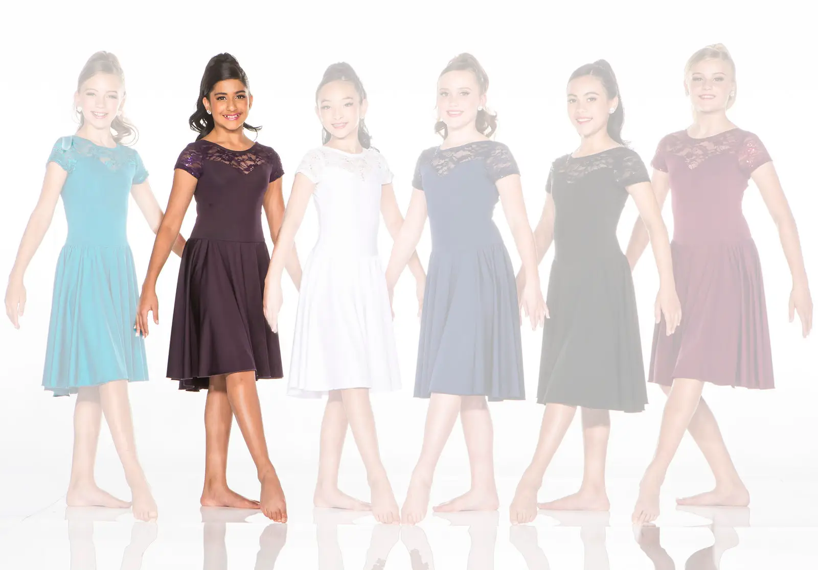 Six girls modeling lace-top dresses in assorted colors
