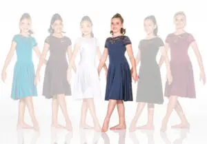Six girls modeling lace-top dresses against a white background