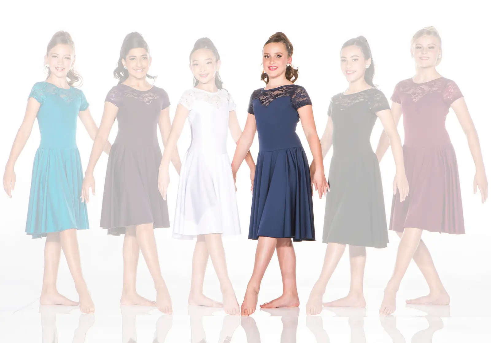 Six girls modeling lace-top dresses against a white background