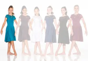 Six girls modeling lace-top dresses in various colors