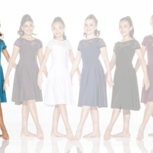 Six girls modeling lace-top dresses in various colors