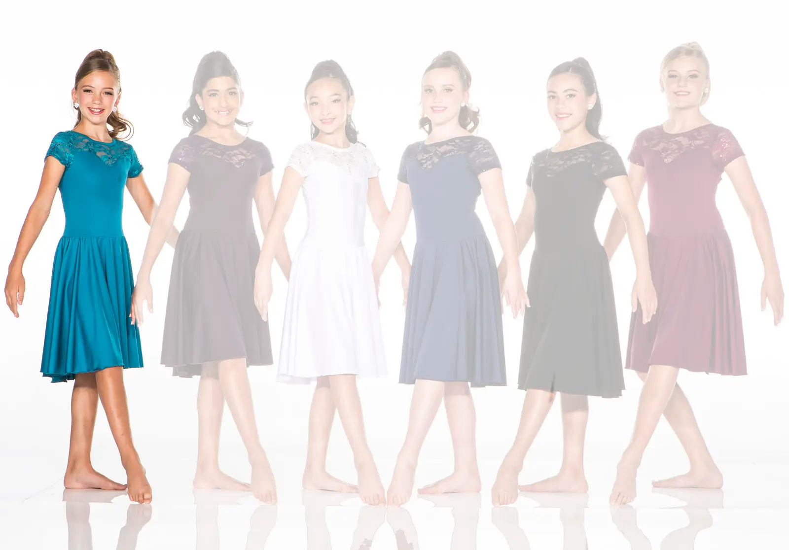 Six girls modeling lace-top dresses in various colors