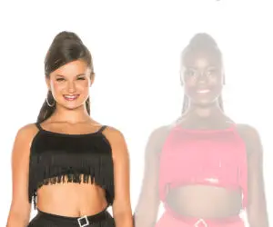 Two smiling women modeling fringed crop tops