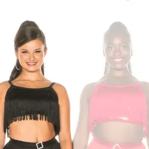 Two smiling women modeling fringed crop tops