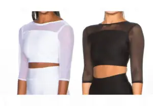 Models wearing white and black sheer-sleeve crop tops