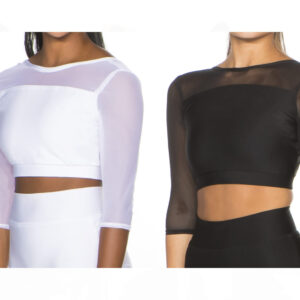 Models wearing white and black sheer-sleeve crop tops