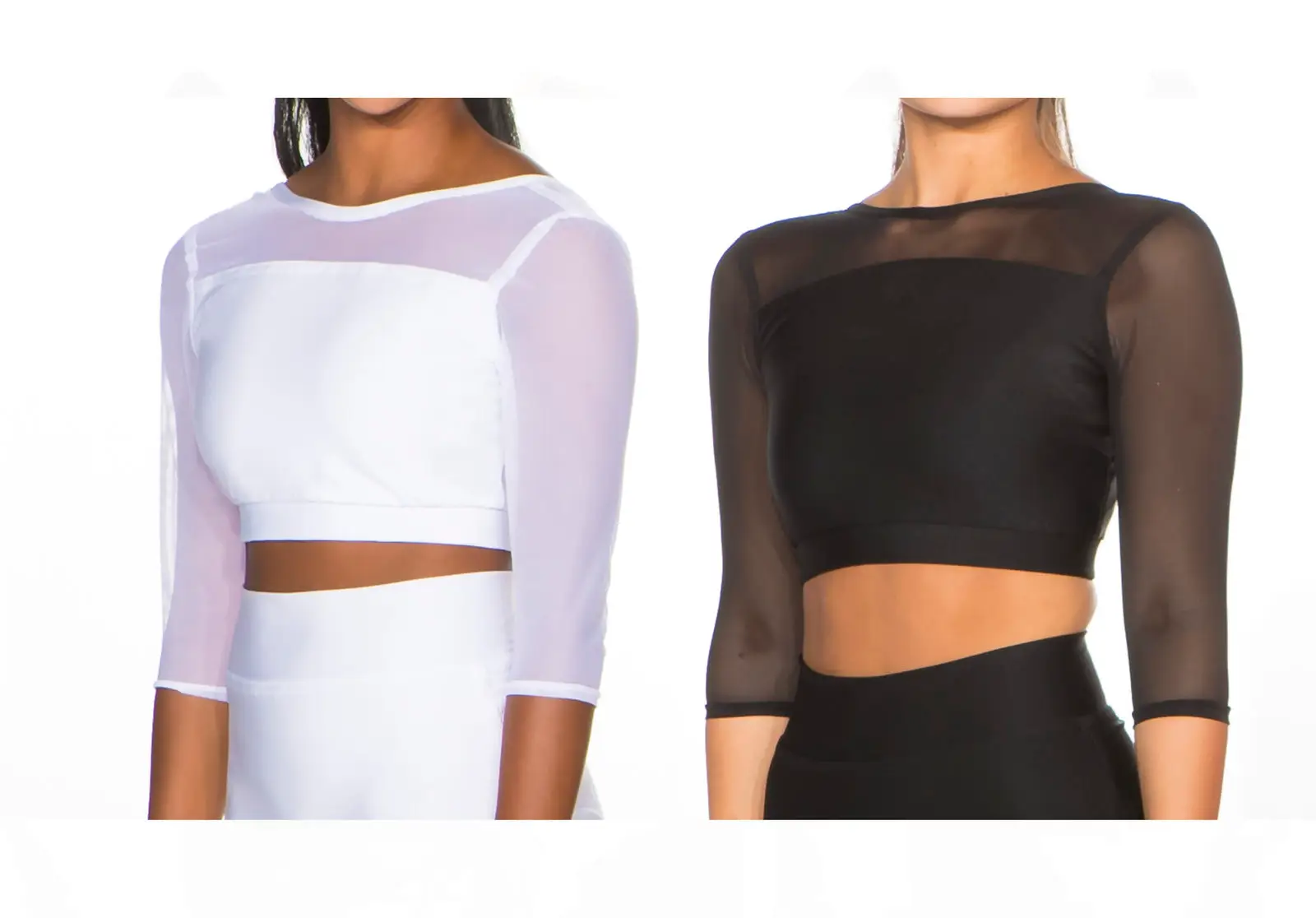 Models wearing white and black sheer-sleeve crop tops