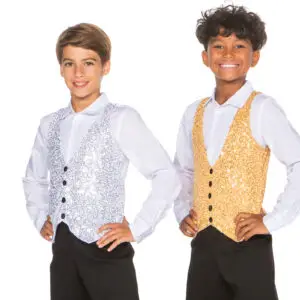 Two smiling boys wearing silver and gold sequined vests