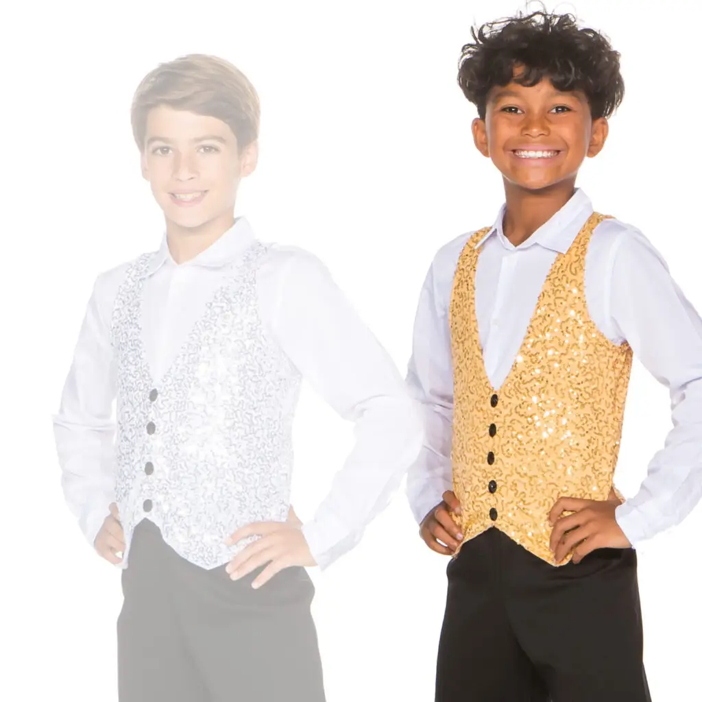 Two smiling boys wearing sequined dance vests