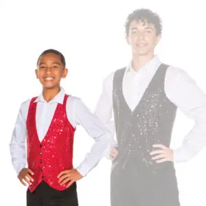 Two smiling boys wearing red and black sequined vests