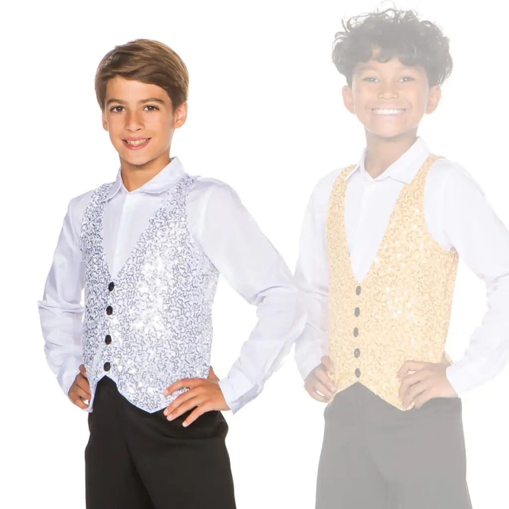 Two boys wearing silver and gold sequined vests