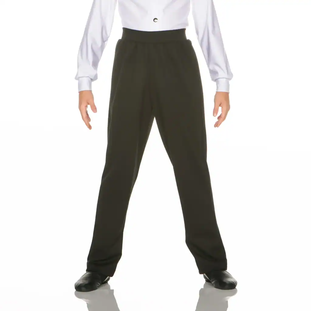 Model wearing black straight-leg dress pants and white shirt