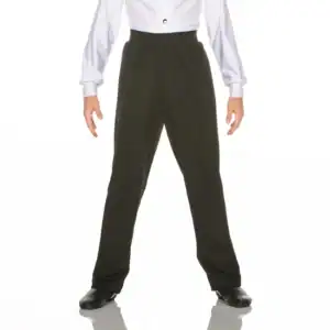 Model wearing black straight-leg dress pants and white shirt