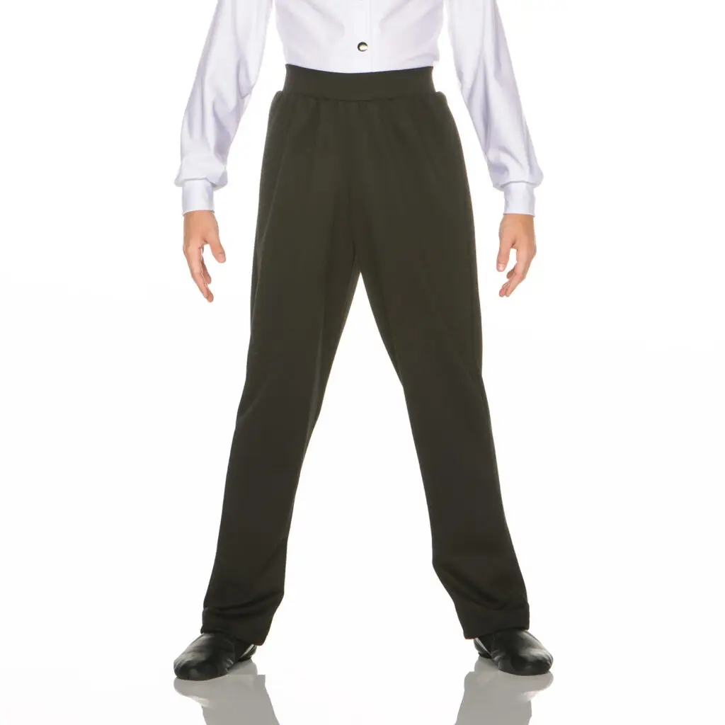 Model wearing black dress pants and white button-up shirt