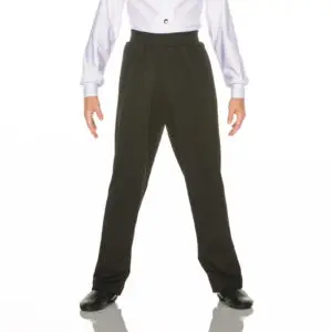 Model wearing black dress pants and white button-up shirt