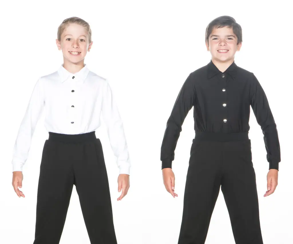 Two boys wearing formal black and white dance outfits