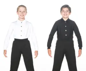 Two boys wearing formal black and white dance outfits
