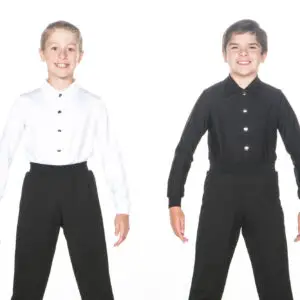 Two boys wearing formal black and white dance outfits