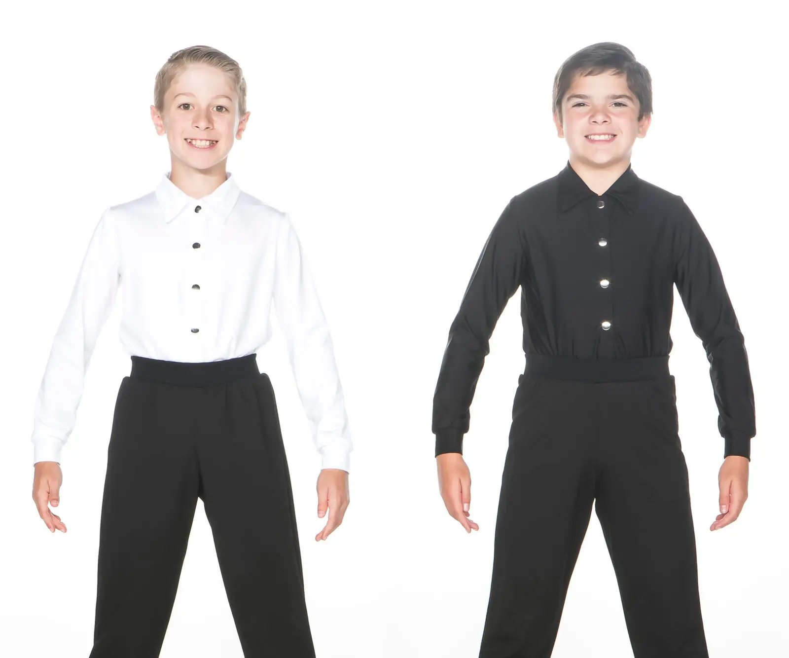Two boys wearing formal black and white dance outfits
