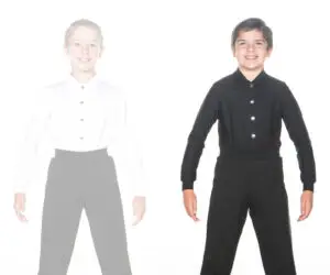 Smiling boy modeling a black button-up shirt and pants
