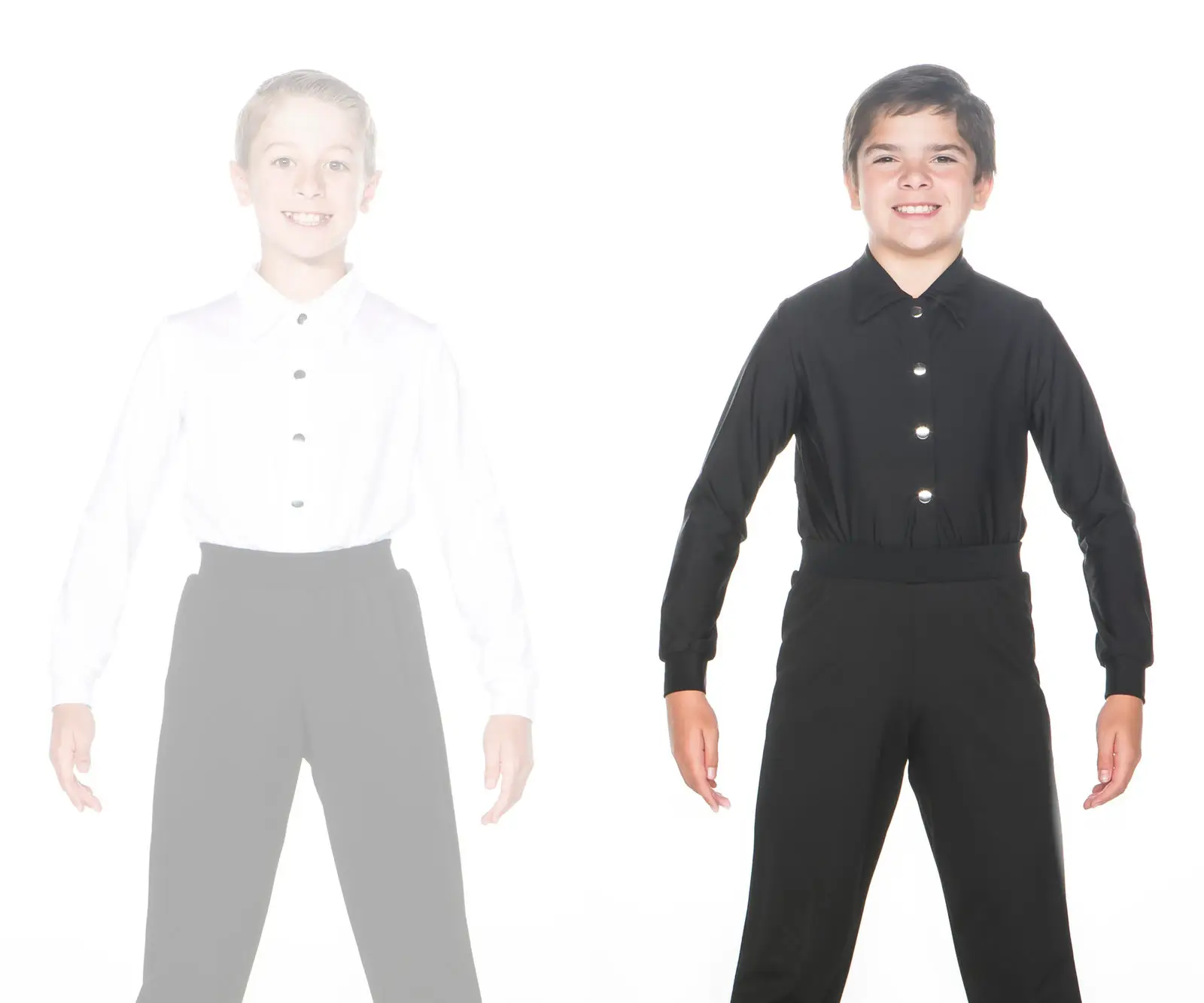 Smiling boy modeling a black button-up shirt and pants
