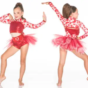 Young dancer modeling red heart-themed sequined costume, front and back