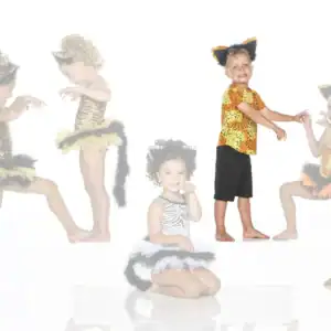 Five children wearing animal-themed costumes on white background