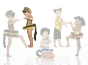 Children wearing animal-print costumes pose against a white background.