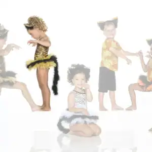 Children wearing animal-print costumes pose against a white background.