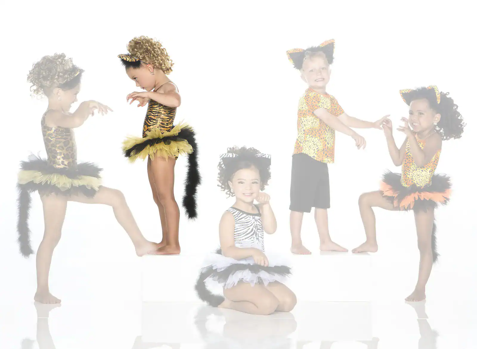 Children wearing animal-print costumes pose against a white background.