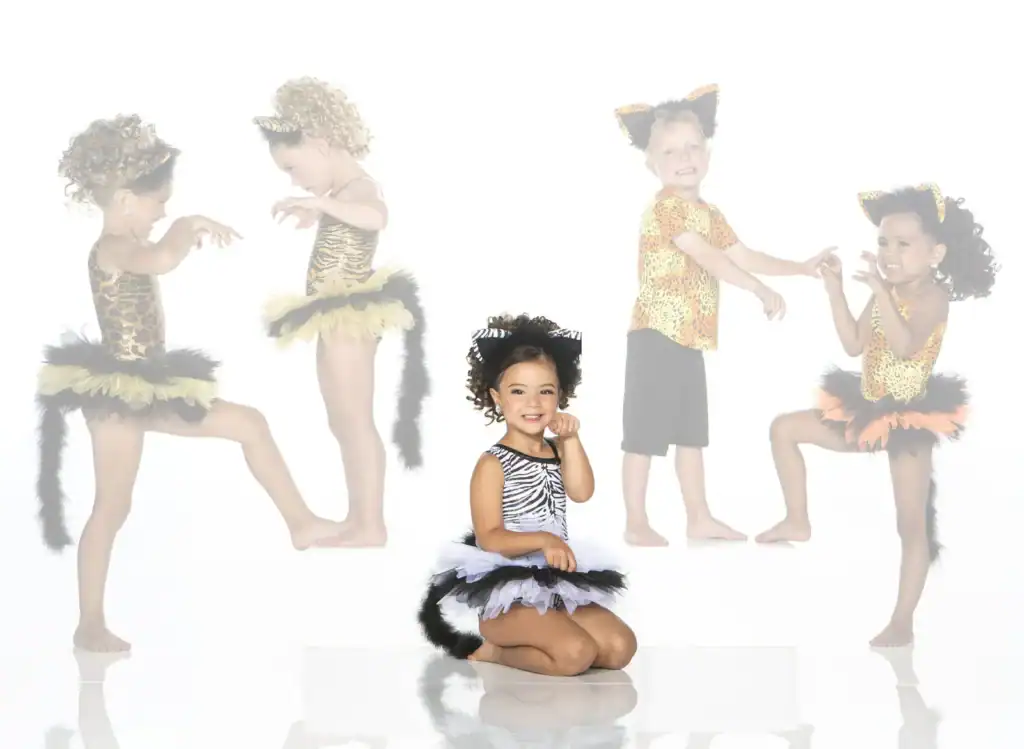 Children wearing colorful animal costumes and posing playfully
