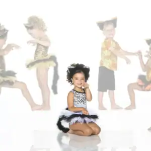 Children wearing colorful animal costumes and posing playfully