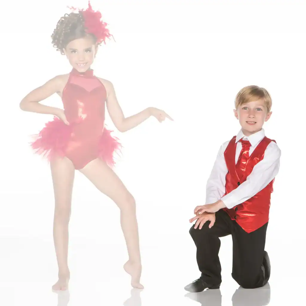 Young dancers in red costumes posing against white background