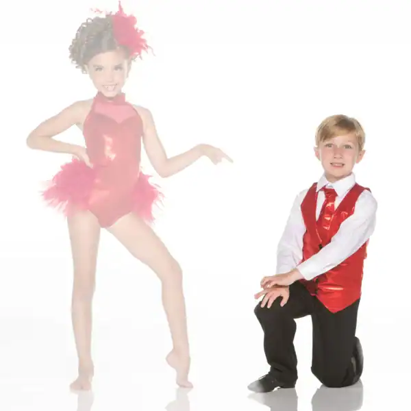 Young dancers in red costumes posing against white background
