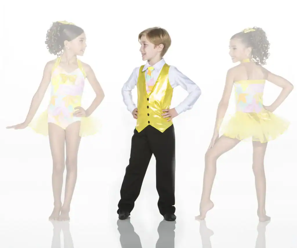 Three children wearing colorful yellow dance costumes pose together.