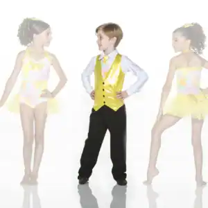 Three children wearing colorful yellow dance costumes pose together.
