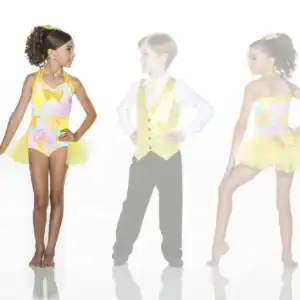 Children modeling colorful dance costumes against a white background