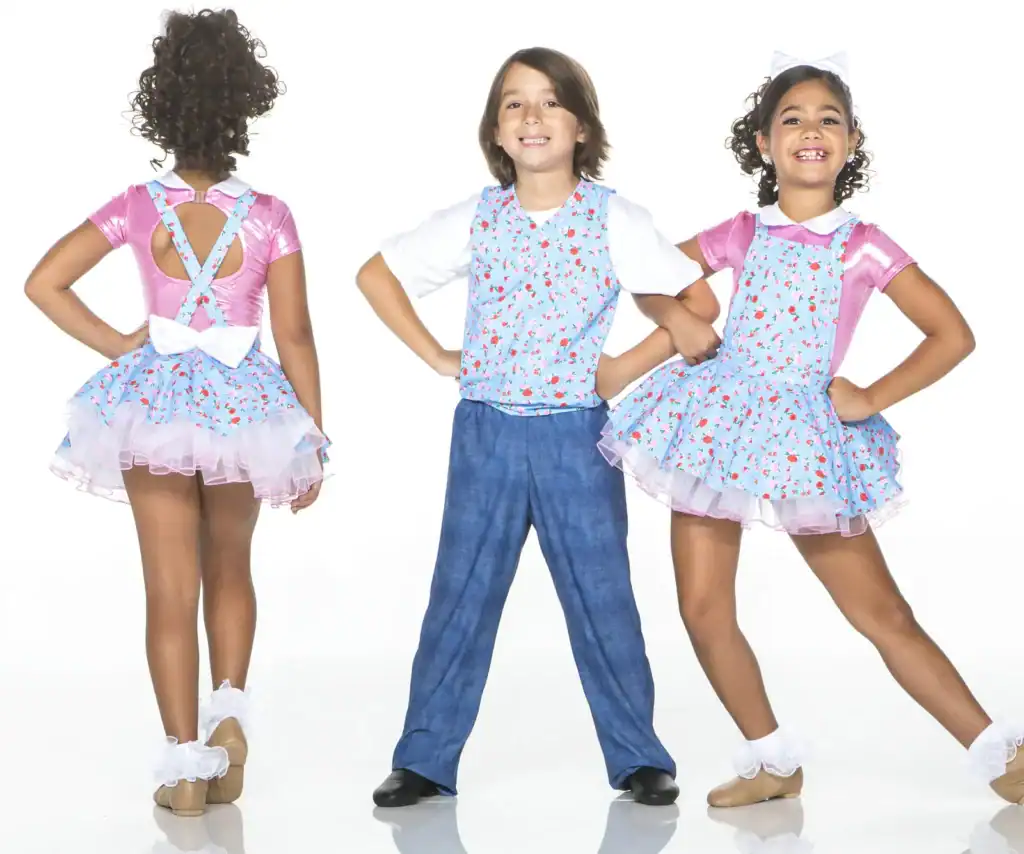 Children modeling matching floral dance costumes