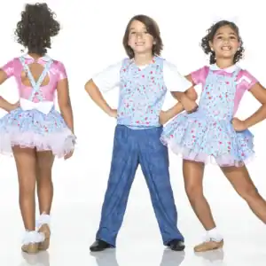 Children modeling matching floral dance costumes