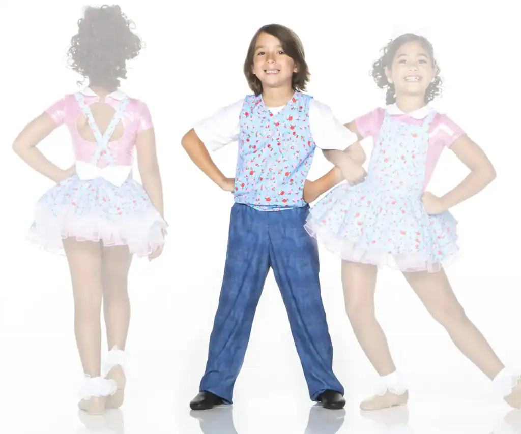 Children modeling floral dance costumes against a white background